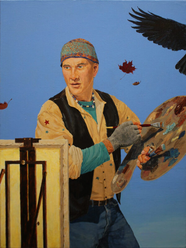 Portrait of Chris Cart painting outdoors. Glowing easel, crow wing. Acrylic by Jen Greta Cart