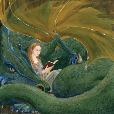 watercolor portrait of scholarly medieval lady reading while relaxing in the coils of her dragon friend. Painting by Jen Greta Cart