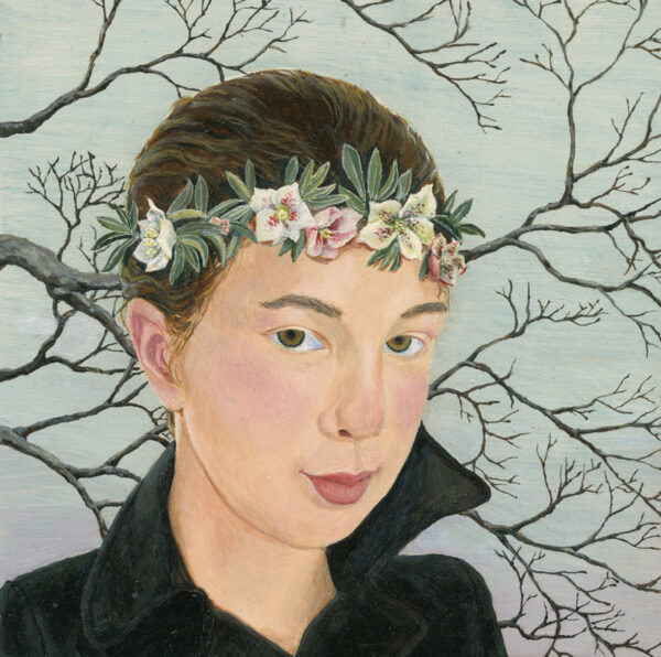 Portrait of a young girl with a lenten rose flower crown by Jen Greta Cart