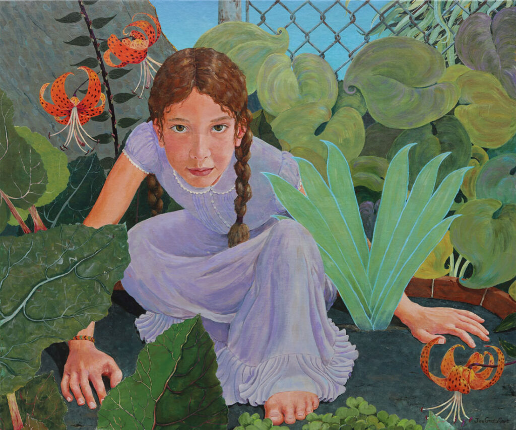 painting by Jen Greta Cart. Child crouching to hide in childhood game with tiger lilies