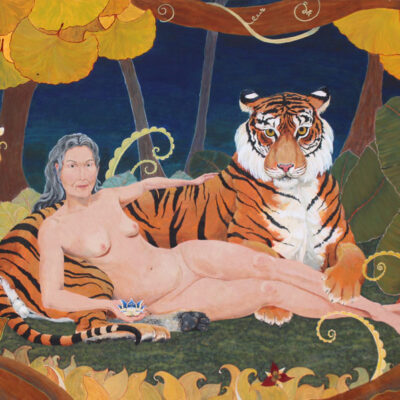 Lady and Tiger, woman with tiger, older woman nude, mature woman nude, jungle goddess, reclining nude, nude with grey hair, friendly tiger, fantasy jungle, jungle painting, feminist nude