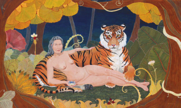 Lady and Tiger, woman with tiger, older woman nude, mature woman nude, jungle goddess, reclining nude, nude with grey hair, friendly tiger, fantasy jungle, jungle painting, feminist nude