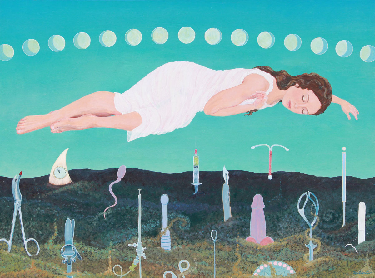 feminist art, sleeping maiden, anti-patriarchy art, cost of being female, woman's reproductive life, pregnancy, fertility, fertile woman, innocent girl, innocent maiden, innocent young woman, feminist painting, biological destiny, moon cycle