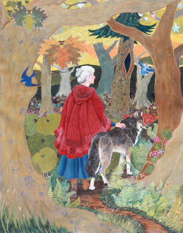 Red Riding Hood Painting, Red Riding Hood grown-up, red riding hood and wolf, red riding hood with white hair, red riding hood on forest path, woman in cloak, woman and wolf walking, feminist fairy tale