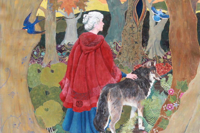Red Riding Hood Painting, Red Riding Hood grown-up, red riding hood and wolf, red riding hood with white hair, red riding hood on forest path, woman in cloak, woman and wolf walking, feminist fairy tale