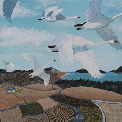 Wild Swans Poem, swans flying, patchwork swan, quilted swan, wild swan painting, aerial view of house and fields, Maine swans flying, Edna St. Vincent Millay Wild Swans,