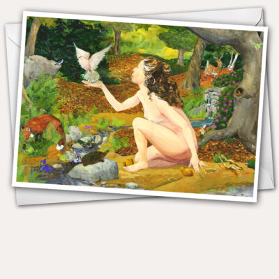 Goddess creation, Goddess greeting card, creation of animals, forest scene, Deer running away, fox drinking, breath of life, clay animals,