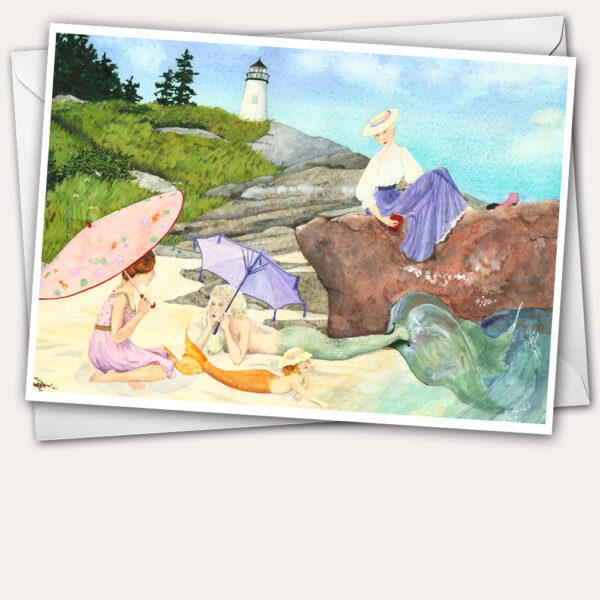 Mermaids with parasols, mermaids on the beach, mermaids near lighthouse, Pemaquid Point Lighthouse, baby mermaid, Edwardian Ladies