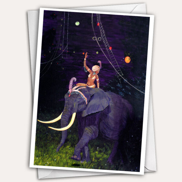 Circus elephant, elephant rider, circus greeting card, elephant greeting card, woman in turban