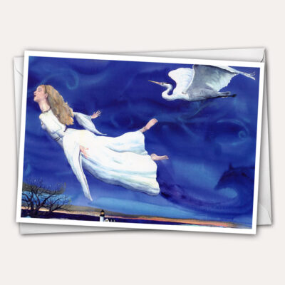 Flight dream card, angel dreaming, girl dreaming, girl sleeping, angel sleeping, bird christmas card, white heron flying