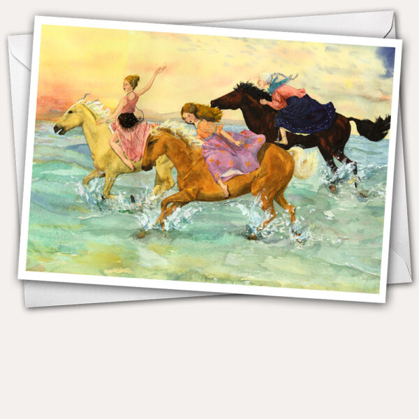 horse greeting card, horse birthday card, gypsy greeting card, horses on beach, three generations of women, Mother daughter and grandmother, horses on dawn beach, beach dawn card, gypsy women riding