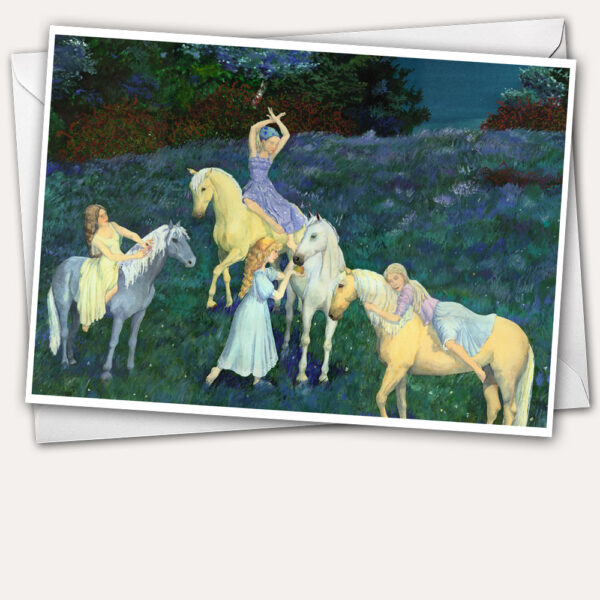 girl on horse, horse paintings, horse greeting card, girl feeding horse, girl riding horse,