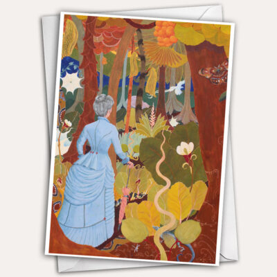 Woman in jungle, jungle greeting card, woman in bustle, grey hair, silver hair, victorian dress with bustle, woman with walking stick, woman with parasol