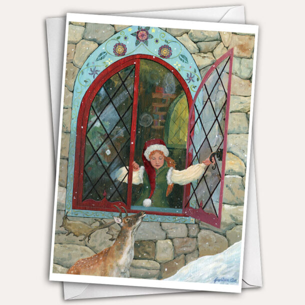 Elf woman at the window of Santa's castle at the North Pole talks with her reindeer friend.