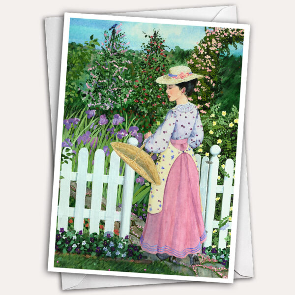 Pink dress, garden, rose arbor, edwardian valentine card, victorian valentine card, white picket fence, pretty valentine card
