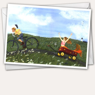 little mermaid, little red wagon, boy and girl playing, boy on bicycle, happy little girl, happy mermaid, old fashioned bike, little red wagon, mermaid greeting card, mermaid birthday card
