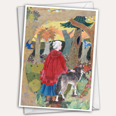 woman with wolf, woman walking, woman in forest, silver hair, red cloak, woman in cloak, little red riding hood greeting card, little red riding hood birthday card, wolf greeting card