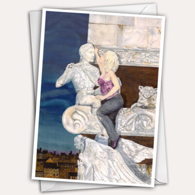 free climber, gargoyle, marble angel, stone angel, climbing woman, kiss, kissing couple, fantasy greeting card