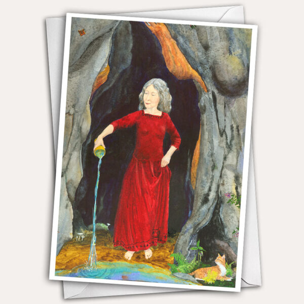 Crone, Wisewoman greeting card, goddess greeting card, Woman pouring water, woman with cat, cat greeting card