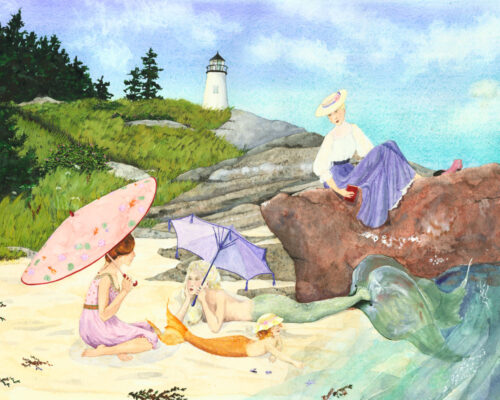 Mermaid print, edwardian ladies, Maine mermaids, mermaid with parasol, lady with parasol, mermaid on beach, little mermaid on beach, baby mermaid