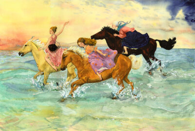 Gypsy women riding, mother daughter grandmother print, horse print, horses in surf, gypsy horses on beach, horse painting, women riding horses on beach