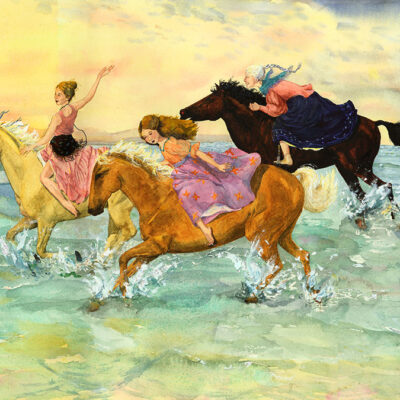 Gypsy women riding, mother daughter grandmother print, horse print, horses in surf, gypsy horses on beach, horse painting, women riding horses on beach