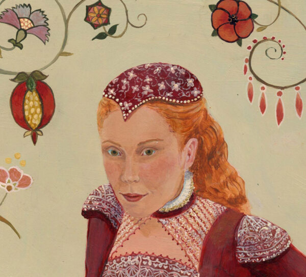 Elizabethan woman's face, woman in cap, elizabethan dress, flower embroidery
