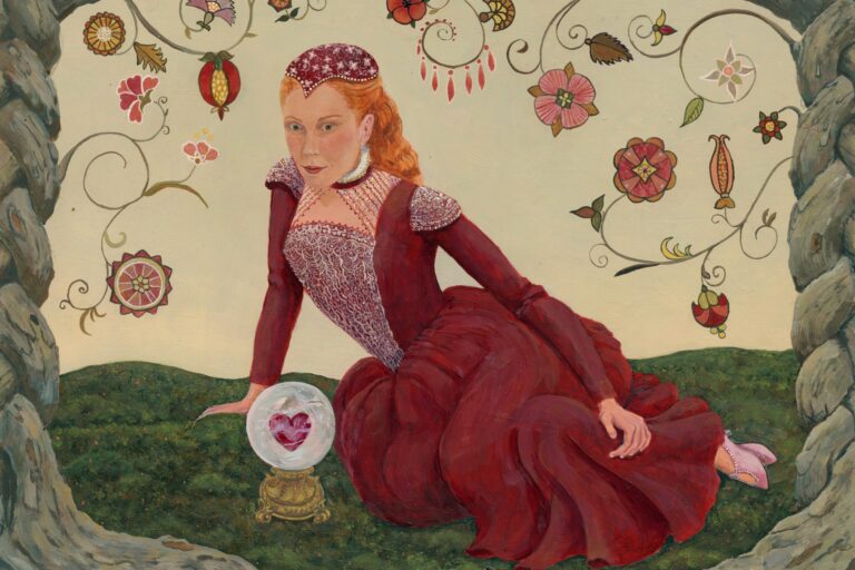 Elizabethan dress, woman with crystal ball, fortune teller, Elizabethan flower embroidery, red dress, crystal ball, valentine, red haired woman