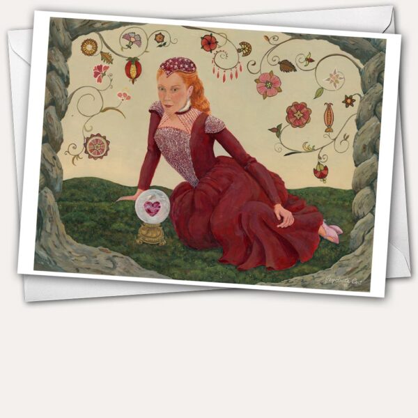Red velvet Elizabethan court dress, Elizabethan flower embroidery, and a crystal ball with heart make this a lovely card for Valentines day.