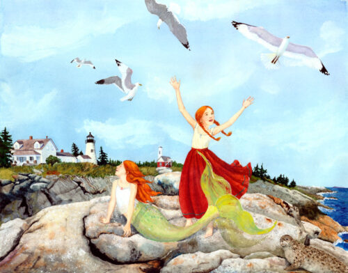 Little Girl Mermaid print, little mermaid print, Maine fantasy print, Maine art, Mermaid art, mermaid painting, Pemaquid Lighthouse, Pemaquid Point Maine, Seagulls