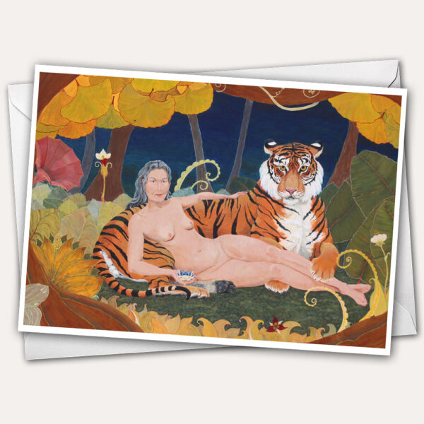 Tiger greeting card, tiger painting, older nude, mature nude woman, grey haired nude, feminist art, feminist nude,