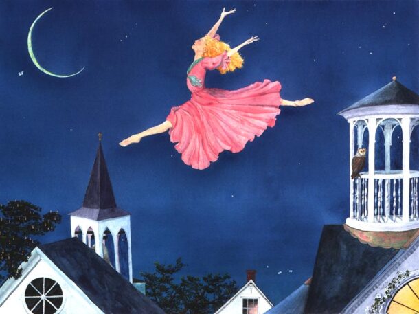ballet, fairy, ballet fairy, grand jeté, summer night, owl painting, fairy painting, fairy print