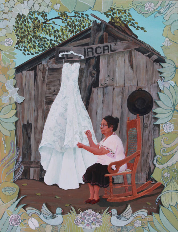 Woman sewing wedding dress, Mexican mother in law sewing wedding dress, woman in rocking chair, mother in law portrait, painted flower boarder, portrait of older woman