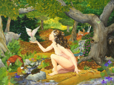 Goddess art, great mother, creation painting, creation myth art, nude woman kneeling, nude goddess kneeling, clay sculpting, Goddess sculpting animals, woman sculpting, woman sculpting animals