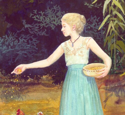 Beautiful blond fairy tale girl, blond fairy tale girl feeding chickens