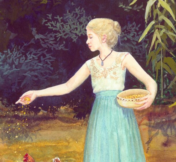 Beautiful blond fairy tale girl, blond fairy tale girl feeding chickens
