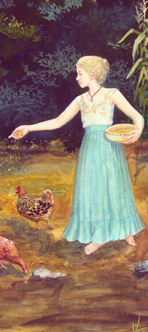 girl feeding chickens, chicken watercolor, girl and chickens watercolor, pretty chickens, pretty hens