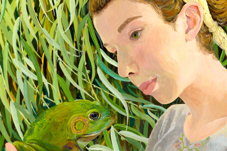 feminist fairy tale, kiss a toad, princess and the toad, girl with frog, girls with bullfrog, magical frog, magic toad, enchanted prince, enchanted toad, enchanted frog. egg tempera portrait