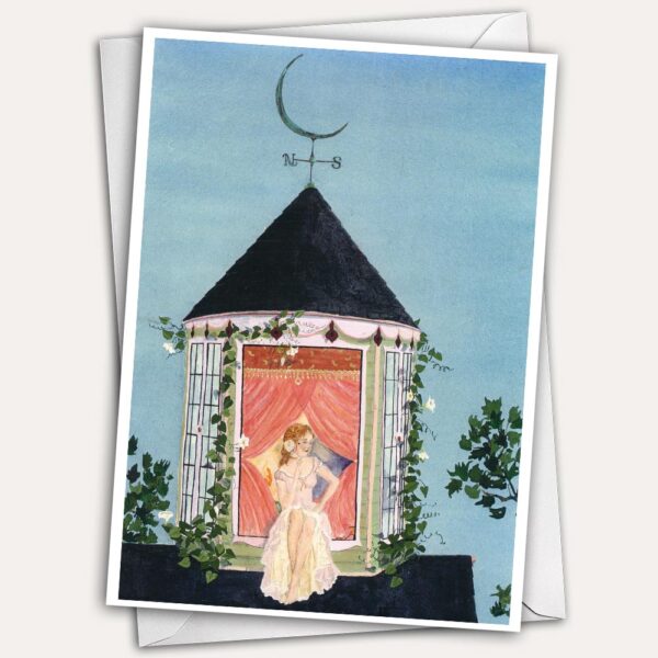painted lady victorian house, cupola with moon weathervane, moon weathervane, pretty woman on roof, pretty greeting card, woman in the window