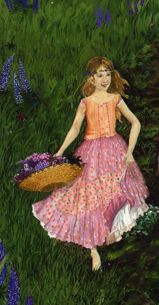 Girl in pink dress, girl with lupines, girl in peasant dress, peasant outfit, hippie child, flower child, girl with lupines, girl with flower basket