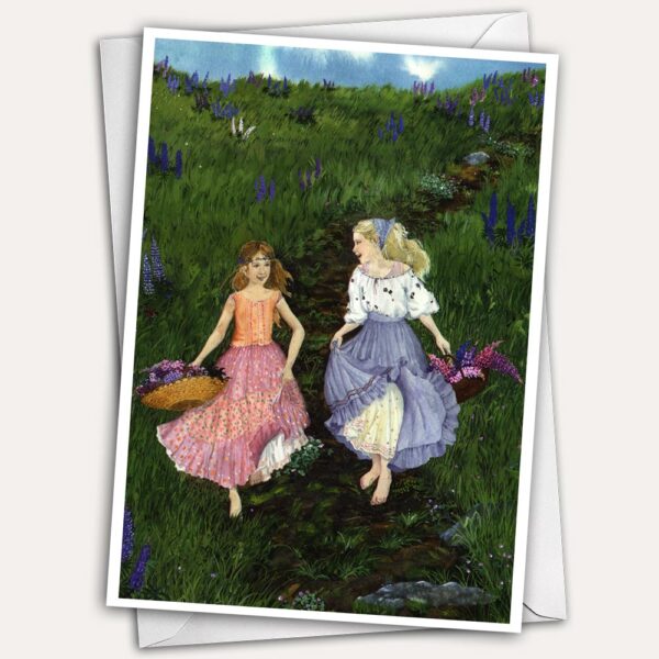 girls with lupines, girls with wildflowers, girls running in dresses, lovely little girls, peasant dresses, adorable girls, girls picking lupines, girls picking flowers, field of lupines, lupine painting, lupine greeting card, pretty greeting card, pretty birthday card