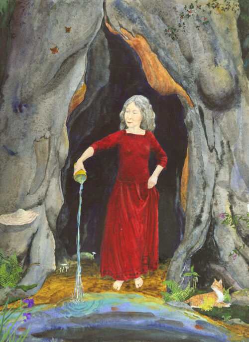 Wisewoman print, wisewoman painting, wisewoman, crone, crone painting, Goddess Painting, Goddess art, old woman, older woman, magical realism crone painting, woman in red dress, old woman in red dress, red dress, feminist art, feminist crone painting, Croning gift