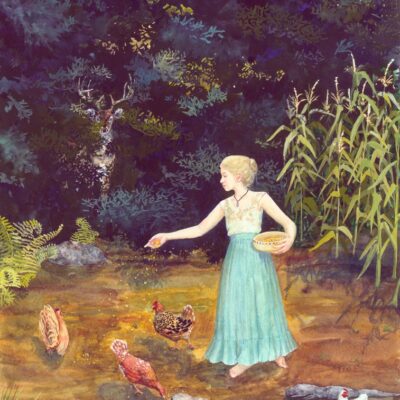 girl feeding chickens, chicken painting, chicken print, girl scattering corn for chickens, girl scattering corn for hens,