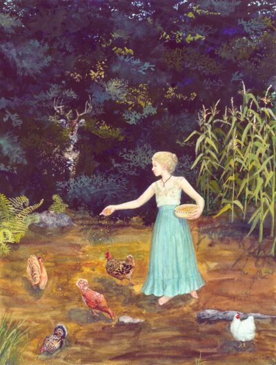 girl feeding chickens, chicken painting, chicken print, girl scattering corn for chickens, girl scattering corn for hens,