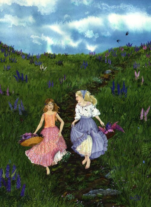Girls with baskets of Lupines, girls in petticoats, girls in fluffly skirts, girls in peasant style dresses, gathering lupines