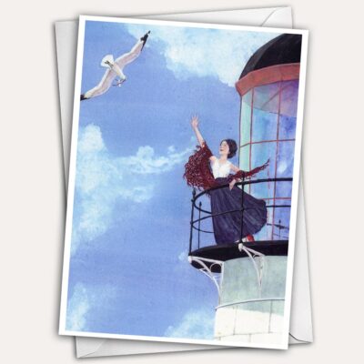 Seagull with message, flying grey gull, woman on lighthouse balcony, woman waving from lighthouse, Jen Greta Cart painting, woman in shawl and skirt, woman with messenger bird, maine lighthouse