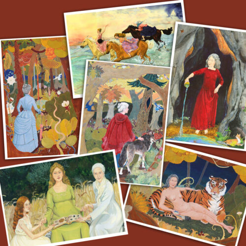 Feminist fantasy greeting cards set showing white haired women as Goddesses, temptresses, equestrienneds and wise women