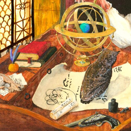 Wizard painting Detail of owl and armillary