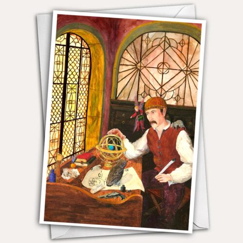 Late Renaissance Wizard Greeting Card with fairy, pet rat and owl by Jen Greta Cart