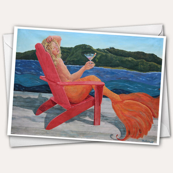 Mermaid's Cocktail Hour Greeting Card with Blond Mermaid drinking fancy cocktail in one Hallowell, Maine's colorful adirondack chairs by the Kennebec River